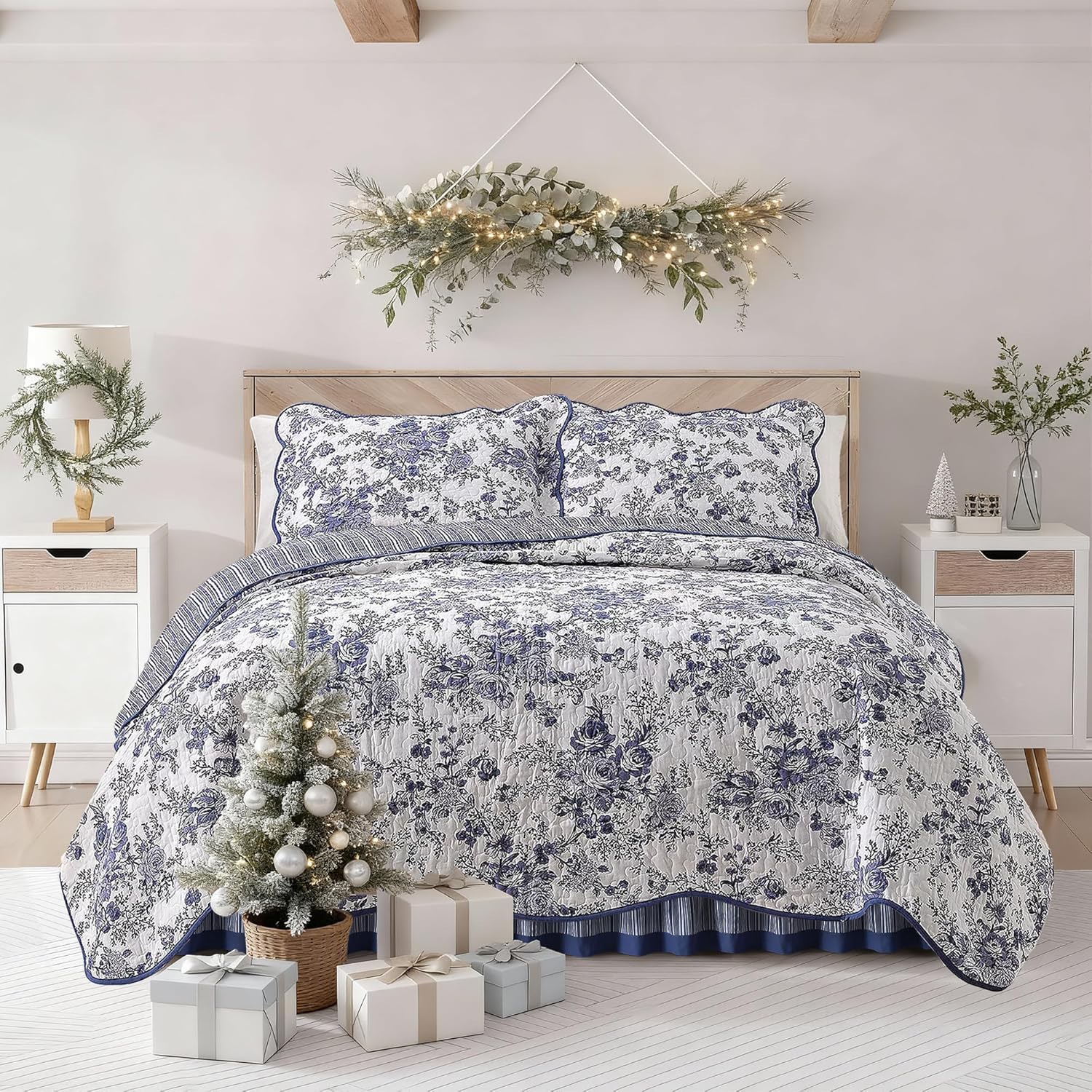 Wonderful 100% Cotton Blue Floral Quilt Set Queen Size Bedding Sets with Pillow Shams and Bed Skirt, 4 Pieces Floral Bedspread Coverlet, Quilted Blanket Bed Cover for All Season, 88"x90" - Image 2