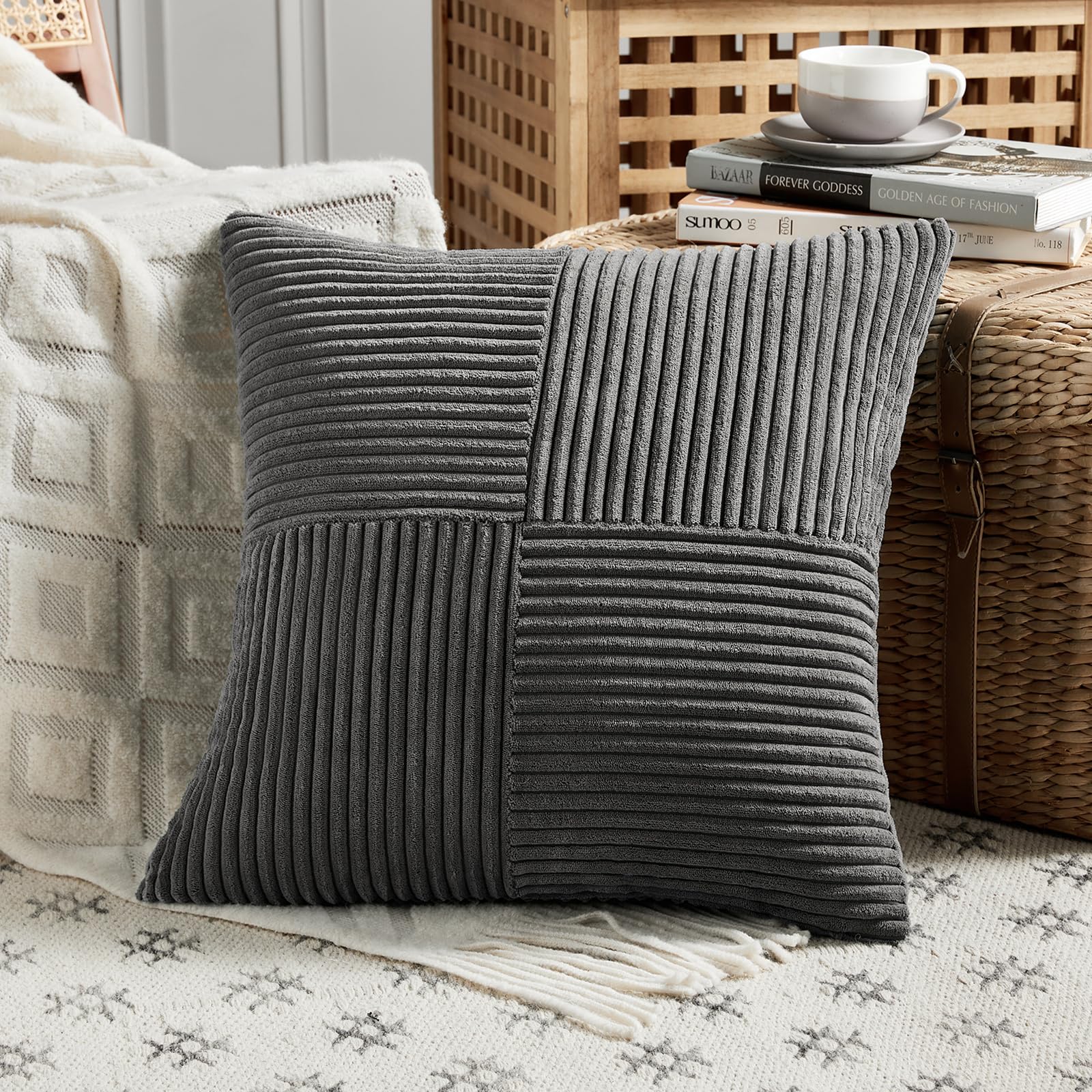 FDTERN Dark Gray Big Decorative Throw Pillow Covers 32x32 Inch for Living Room Couch Bed Sofa, Rustic Farmhouse Boho Home Decor, Soft Corss Corduroy Patchwork Accent Square Cushion Covers 80x80 cm — image 1