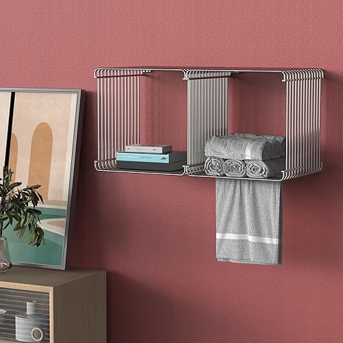 Miniatura 7 de Mesa auxiliar cuadrada de geometría retro, mesa auxiliar de metal lineal de acero inoxidable, estante de escritorio multiusos de hierro (plateado)