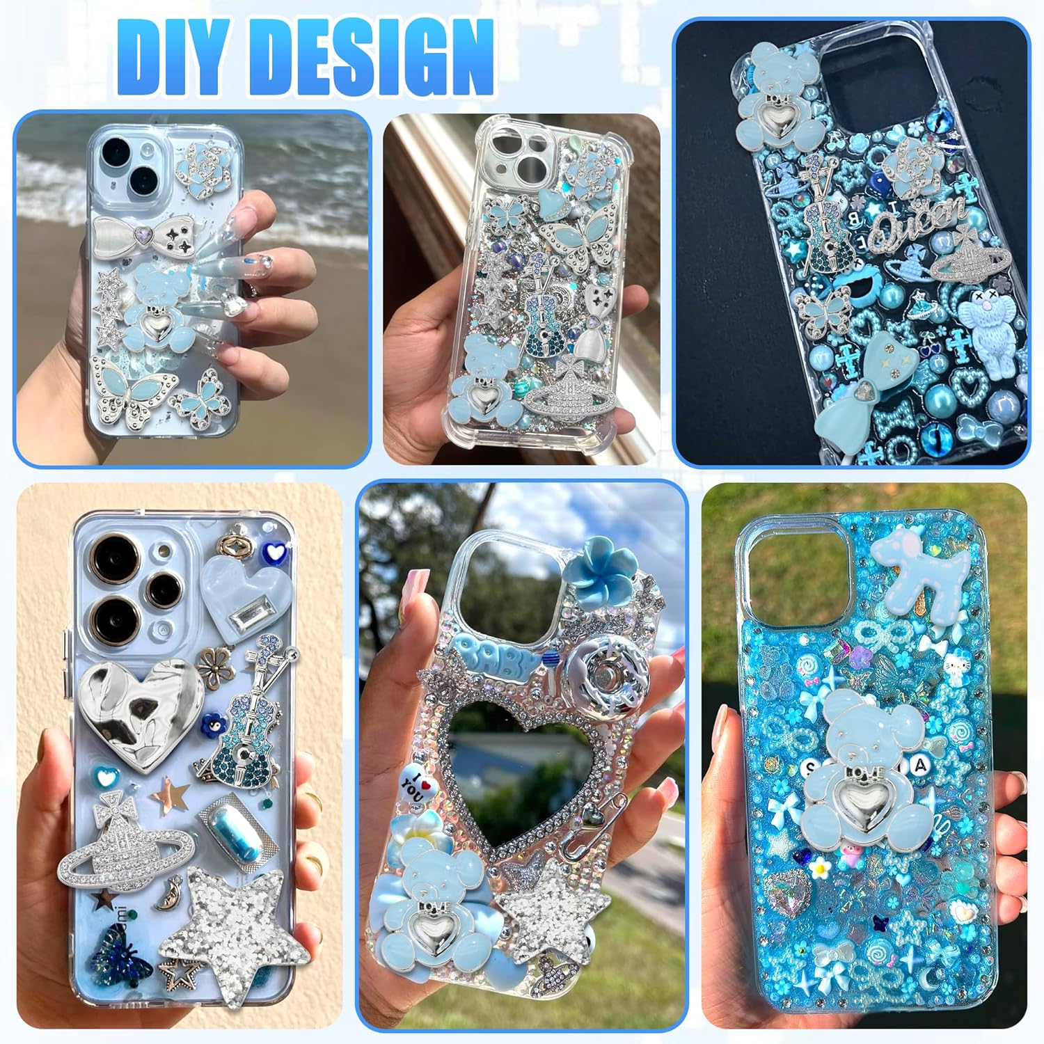 BELICEY Blue Junk Case Charms Kawaii Bow Guitar Charms for Phone Cases Silver Butterfly Rhinestone Junk Case Kit 3D Resin Heart Star Flatback Pearls Customizing DIY Craft - Image 7