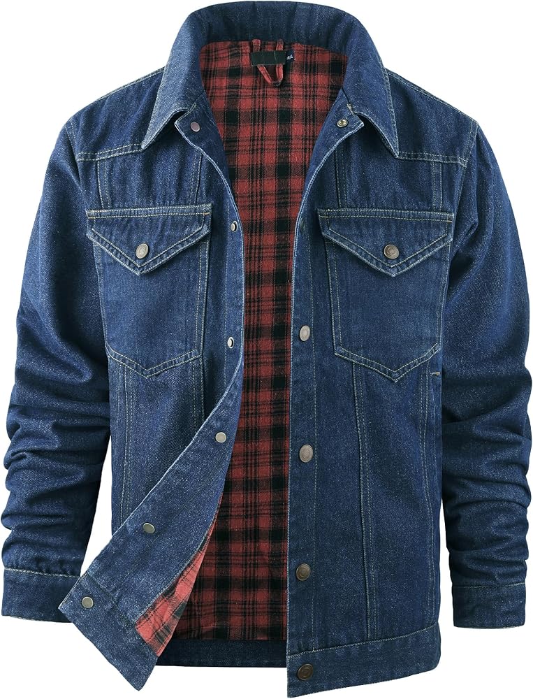 Sponsored Ad - Men's Snap Jean Jacket Western Cowboy Plaid Flannel Lined Work Denim Trucker Jackets
