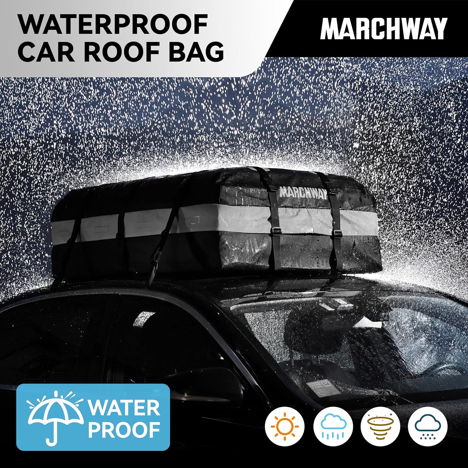 MARCHWAY Waterproof Car Roof Luggage Bag, Weatherproof Soft Shell Rooftop Cargo Carrier Bag for Vehicles with or Without Rack. 6 Door Hooks, Anti Slip Mat, Lock Included (21 Cubic Feet, Black)
