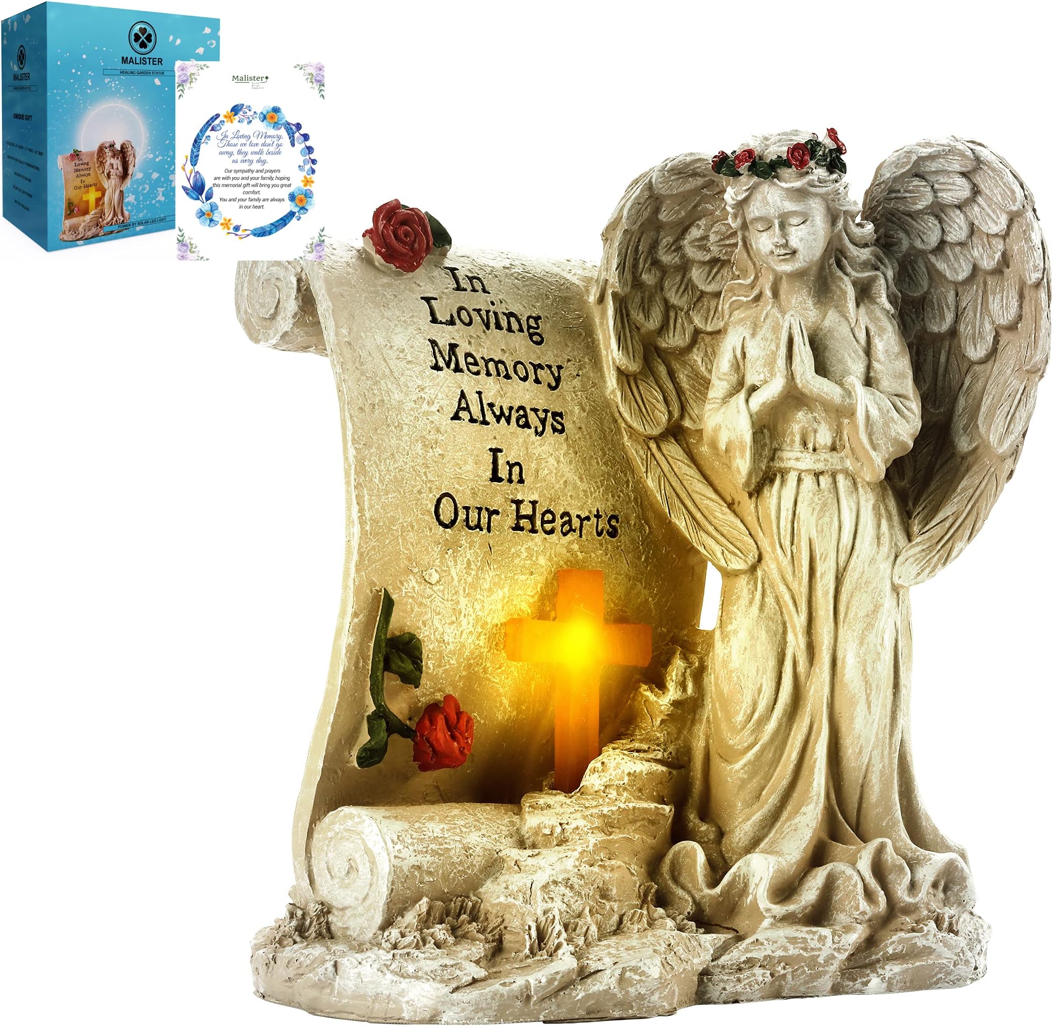 Malister Memorial Gifts - Garden Angel Statue Sympathy Gift with Solar Led Light, Bereavement Gifts, Memory of Loved One, Cemetery Grave Decorations, Remembrance Condolence Gift, Angel Figurines