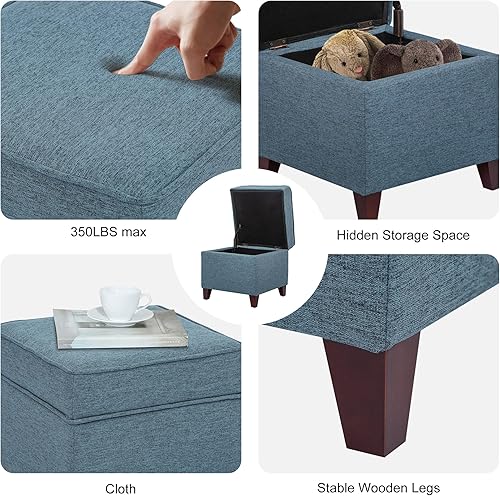 Miniatura 10 de Adeco - Otomana cuadrada de 17" con almacenamiento, pequeña otomana azul de almacenamiento con reposapiés, tapa con bisagras y patas de madera