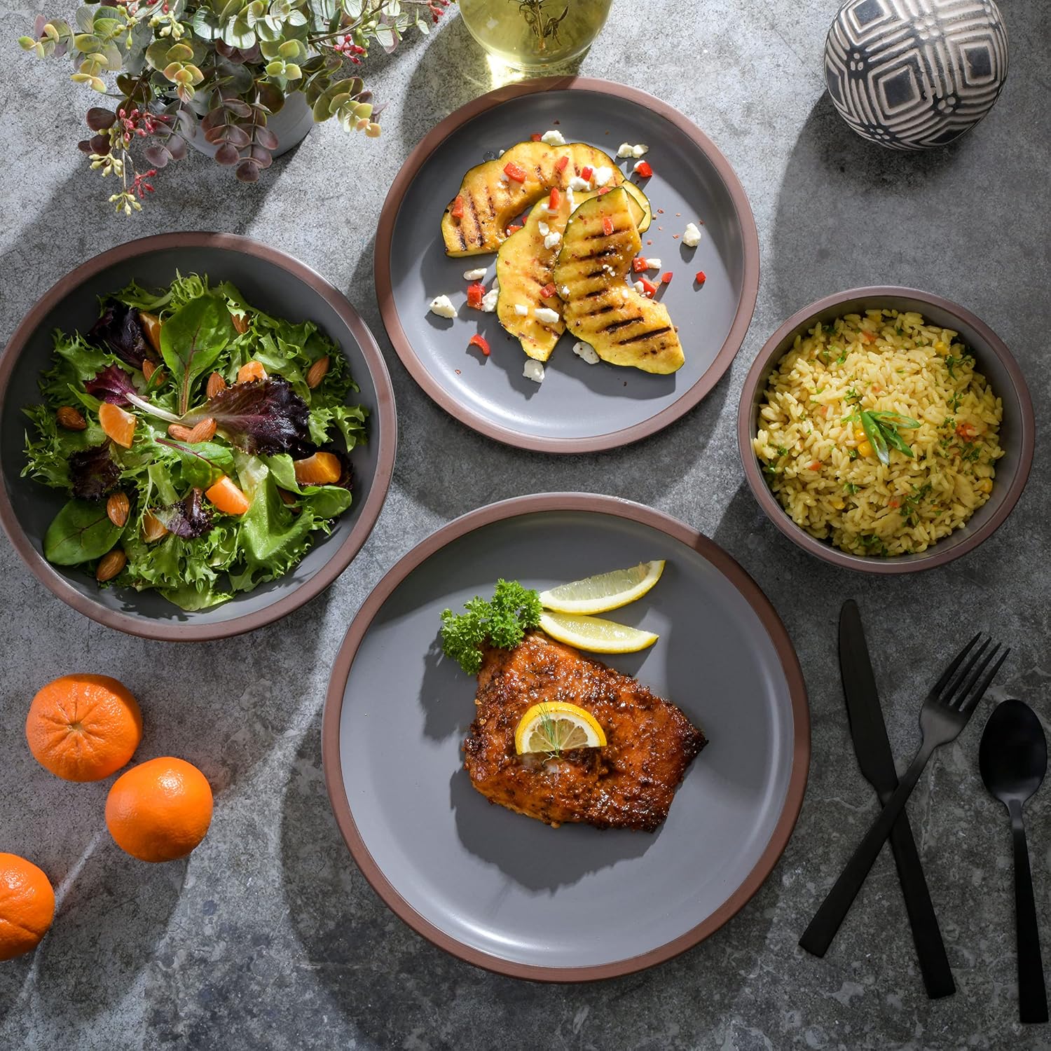 Gibson Elite Lagos Coupe Dinnerware Set, Service for 4 (16pcs), Grey, Grey (Double Bowl)