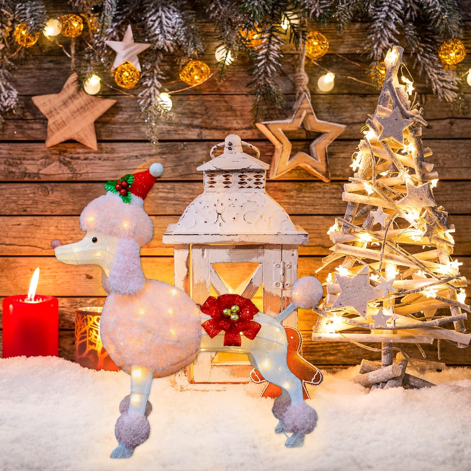 35" Christmas Poodle Dog Decoration with Lights,3D Pink Dog Lighted-up Outdoor Indoor Christmas Decoration,Cute Hairy Puppy with Red Christmas Hat Indoor Porch Outdoor Yard Holiday Decor - Image 9