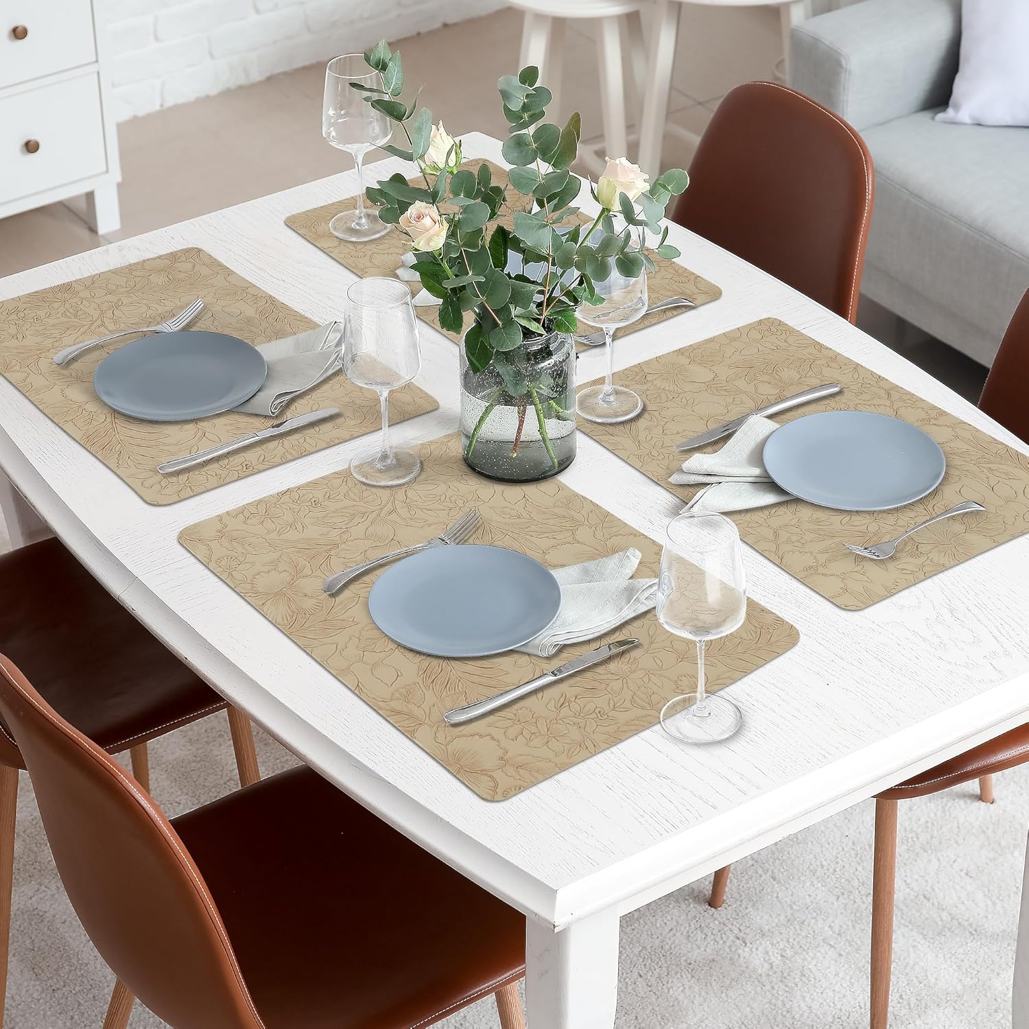 fanquare Faux Leather Placemats Set of 4 Retro Apricot Table Mats Non-Slip Heat Resistant Placemats Embossed Floral Place Mats for Kitchen Home Dining Party 16.9"*11.8"
