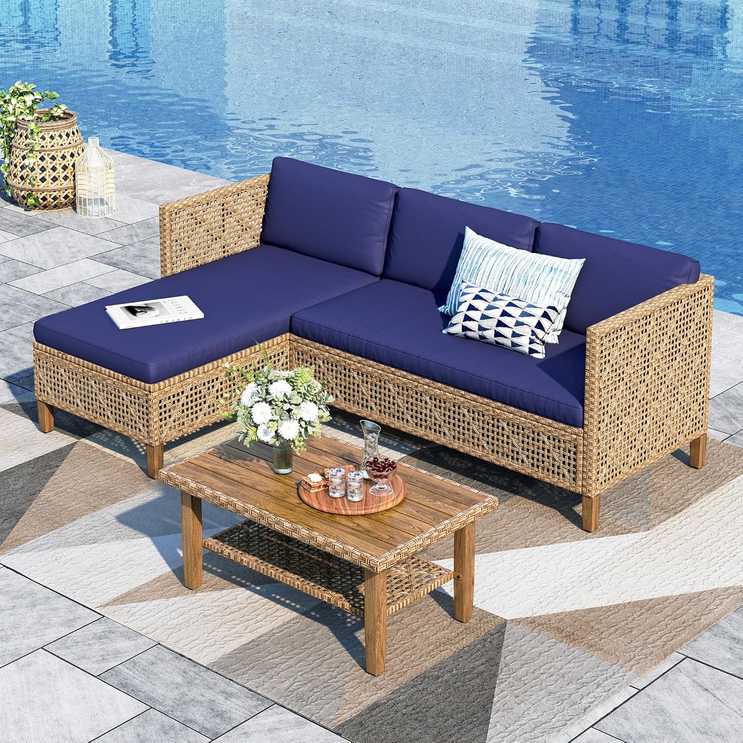 PHI VILLA 3 Pieces Rattan Garden Furniture, 4 Seater L Shaped Outdoor Patio Corner Sofa Set, Wicker Conservatory Sectional Furniture with Coffee Table and Thickened Cushions for Backyard, Navy Blue