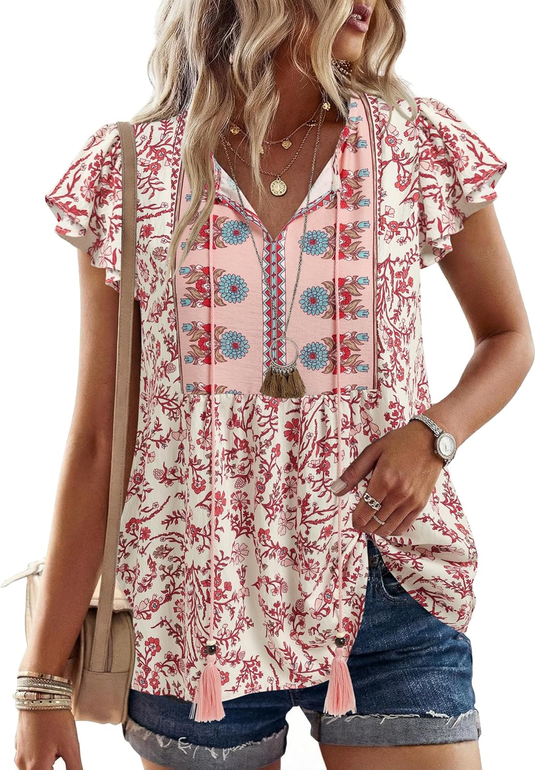 Vivilli Womens Summer Boho Tops Trendy 2026 Ruffle Short Sleeve Peasant Blouses Casual Tie Front Loose Tunic Vacation Clothes - Image 2