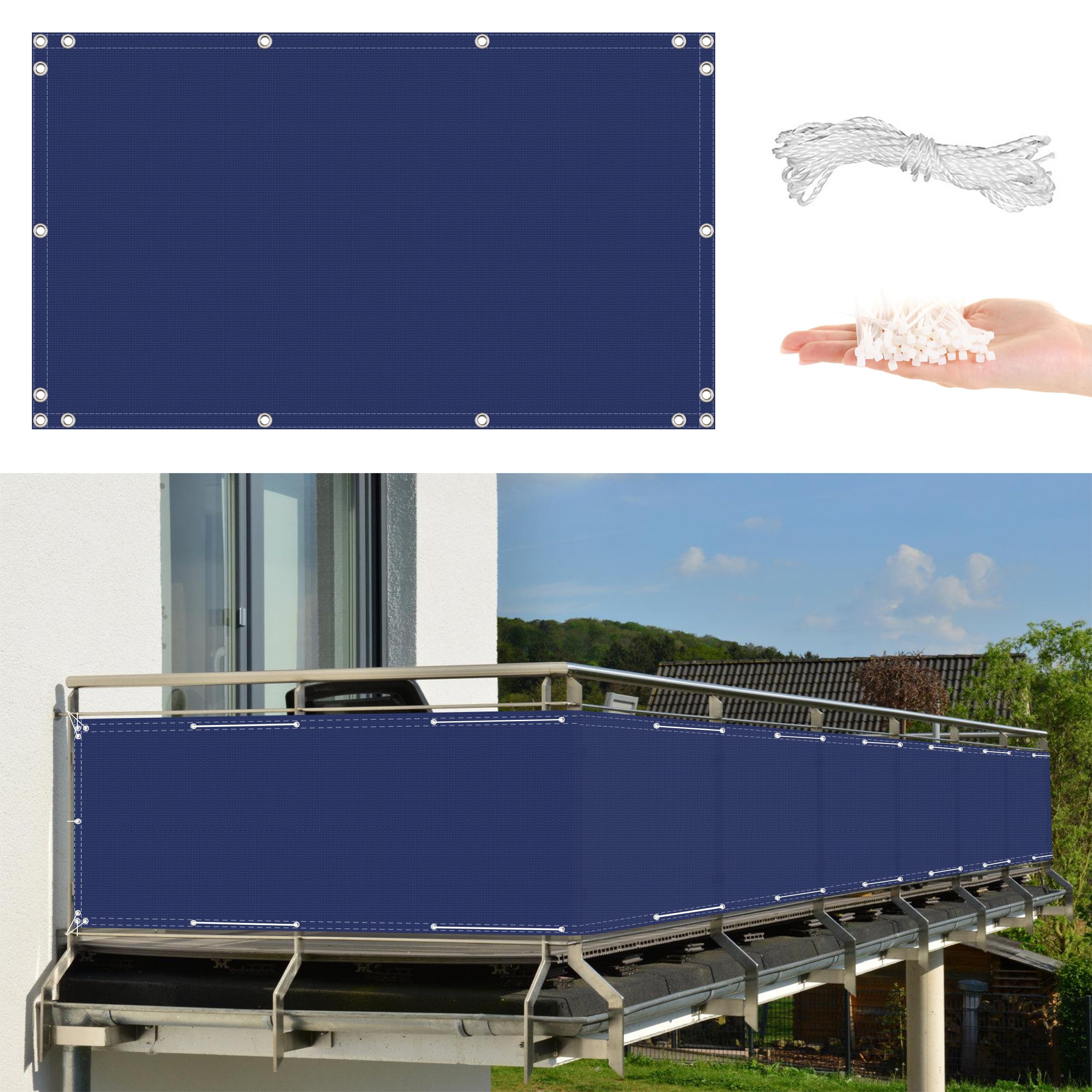 GLDYTVF Balcony 90x650cm Weather Resistant Fabric with Eyelets Cable Ties and Cord Easy Care for Backyard Rails Verandah Blue