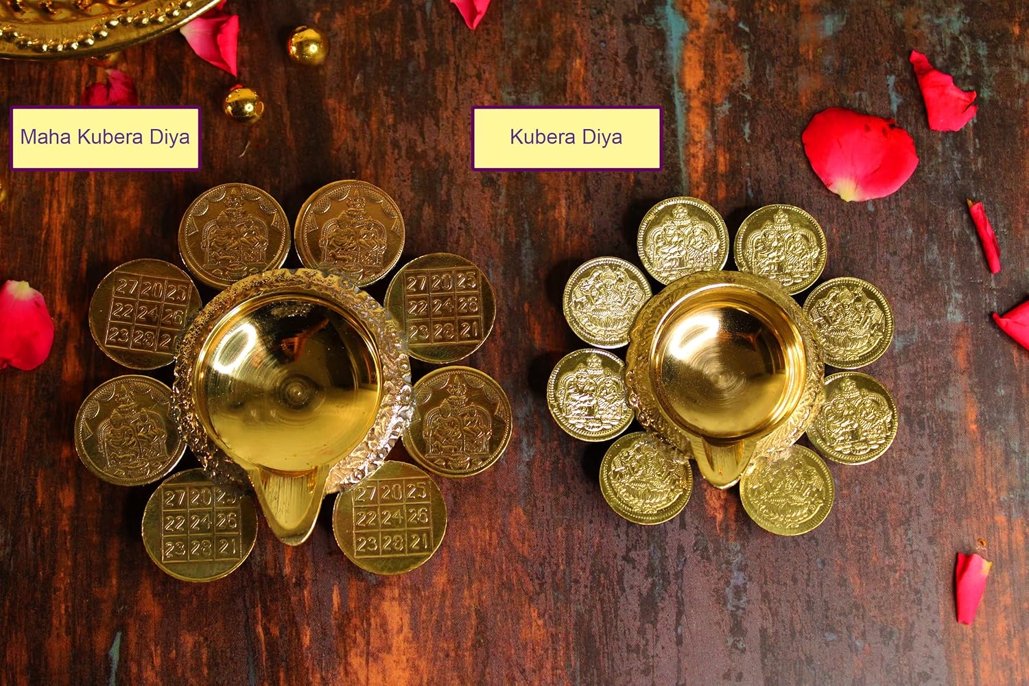 by Sengems Brass Maha kubera Lakhsmi Yantra (Big Size) Vilakku with Plate - Brass lamp - Golden Diya for Pooja
