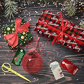 GIOLNIAY Merry Christmas Wrapping Paper for Kids Adults - Holiday Gift Wrap in Red & Black Buffalo Plaid with Handwritten Script and Stars - 4 Jumbo Sheets, 2840 Each, Easy to Store