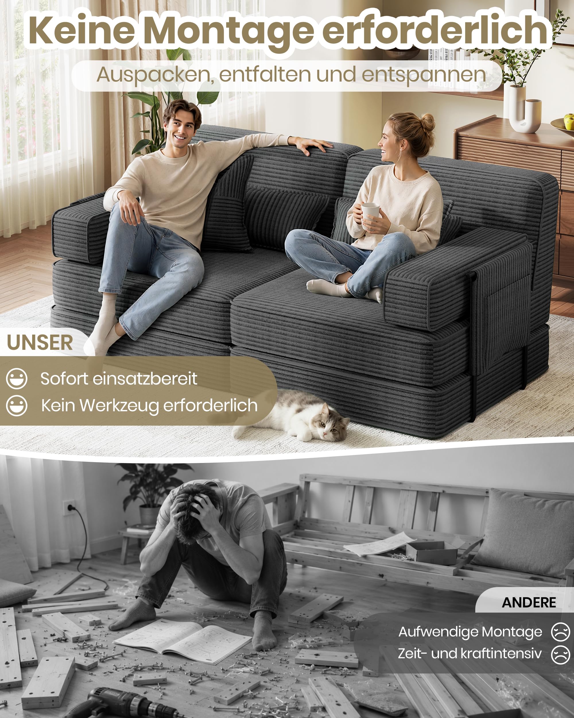 Schlafsofa 190 cm Breit, Modulares Bodensofa, Boneless Couch mit Hoher Rückenlehne, 2-Sitzer Vollschaum Sofa aus Cord, 5-in-1 Klappsofa mit Schlaffunktion zum Gästebett, Grau