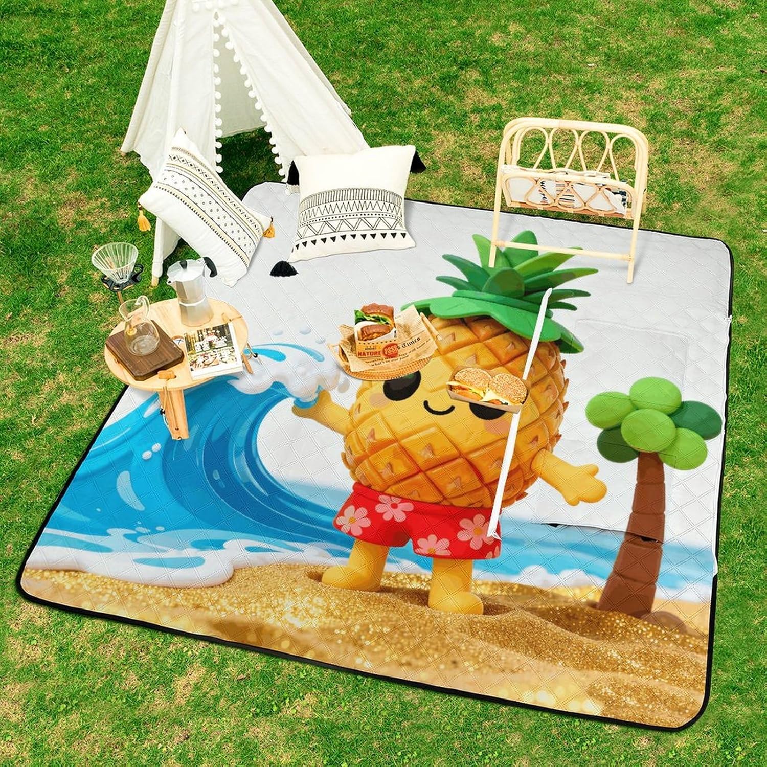 Hawaiian Pineapple Picnic Blanket with Zipper Water Resistant Sand Free Picnic Mat Washable Foldable Easy Carry Beach Blanket for Lawn Beach Hiking Camping