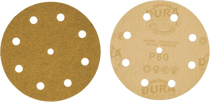 Dura-Gold Premium 5 Gold Sanding Discs - 60 Grit (Box of 50) - 9 Hole Pattern Dustless Hook & Loop Backing Sandpaper for DA Sanders, Aluminum Oxide Abrasive - Sand Automotive Paint, Woodworking Wood