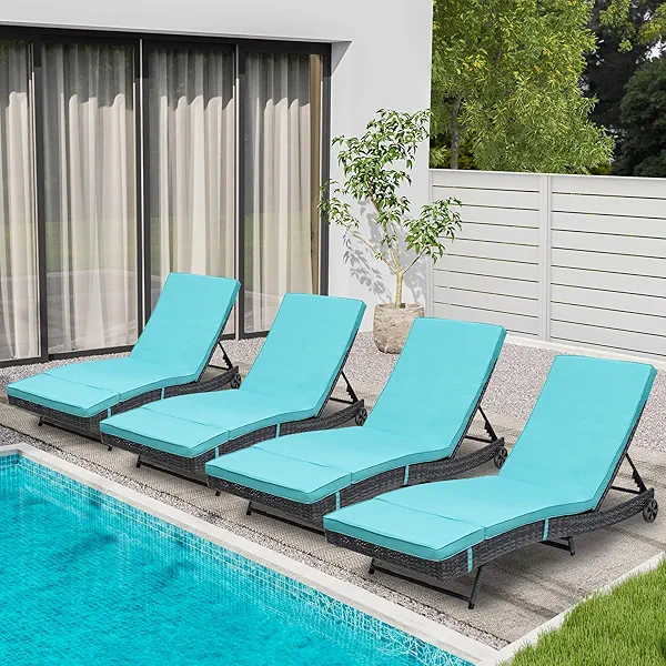 YITAHOME Rattan Lounge Chair Set of 4, Wicker Outdoor Chaise Lounge w/Wheels, Removable Cushion, 5-Position Backrest, Easy to Assemble Sun Lounger for Poolside Beach Balcony (Blue) w/Wheels 