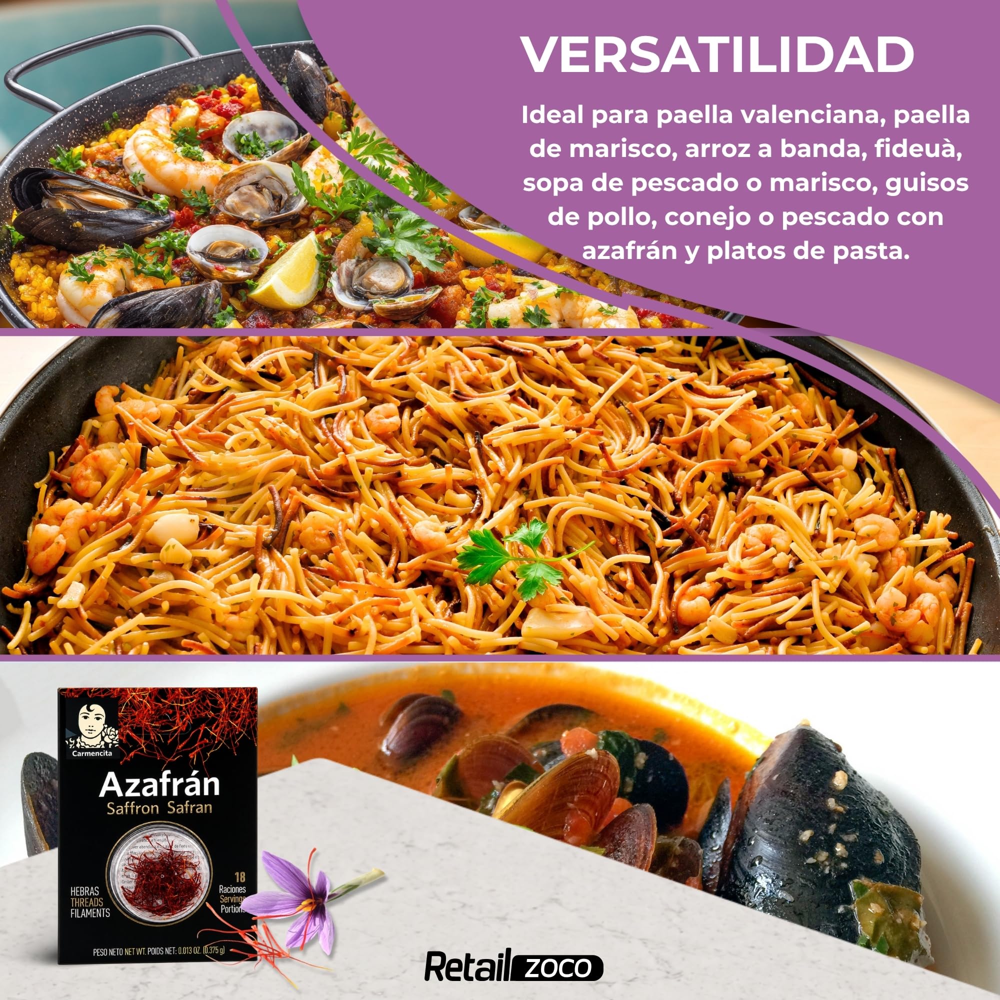 Hebras de azafrán, saffron safran, Azafrán Español de Calidad, ideal para paellas, estofados, sopas, patatas y gran cantidad de guisos, Peso Neto 0.375 g, Apto para 18 raciones, Contiene 10 sobres