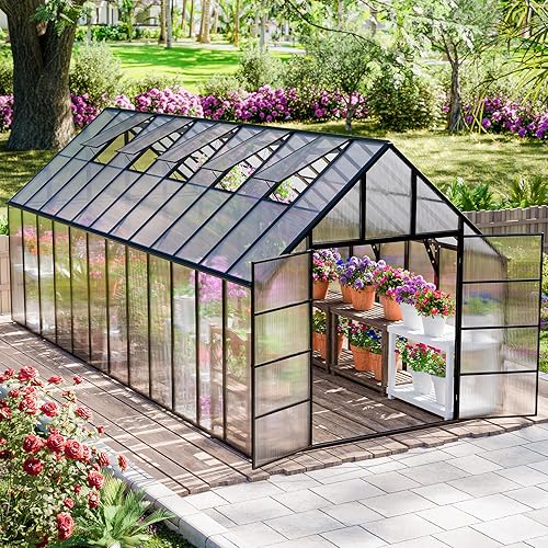 24x10x10 FT Large Greenhouse for Outdoor with Transparent Panels Roof Vents Lockable Double Door, Heavy Duty Reinforced Aluminum Frame Polycarbonate Walk in Green House for Garden Plants