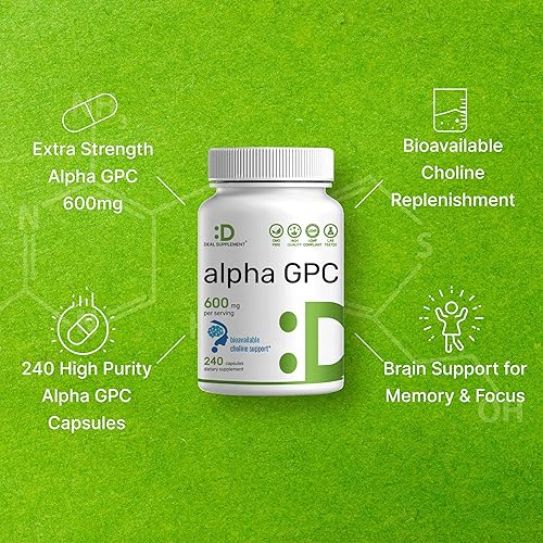Miniatura 4 de Alpha GPC 600 mg por porción, 240 cápsulas – Reposición de colina biodisponible – Suplementos nootrópicos para la salud cerebral, memoria y