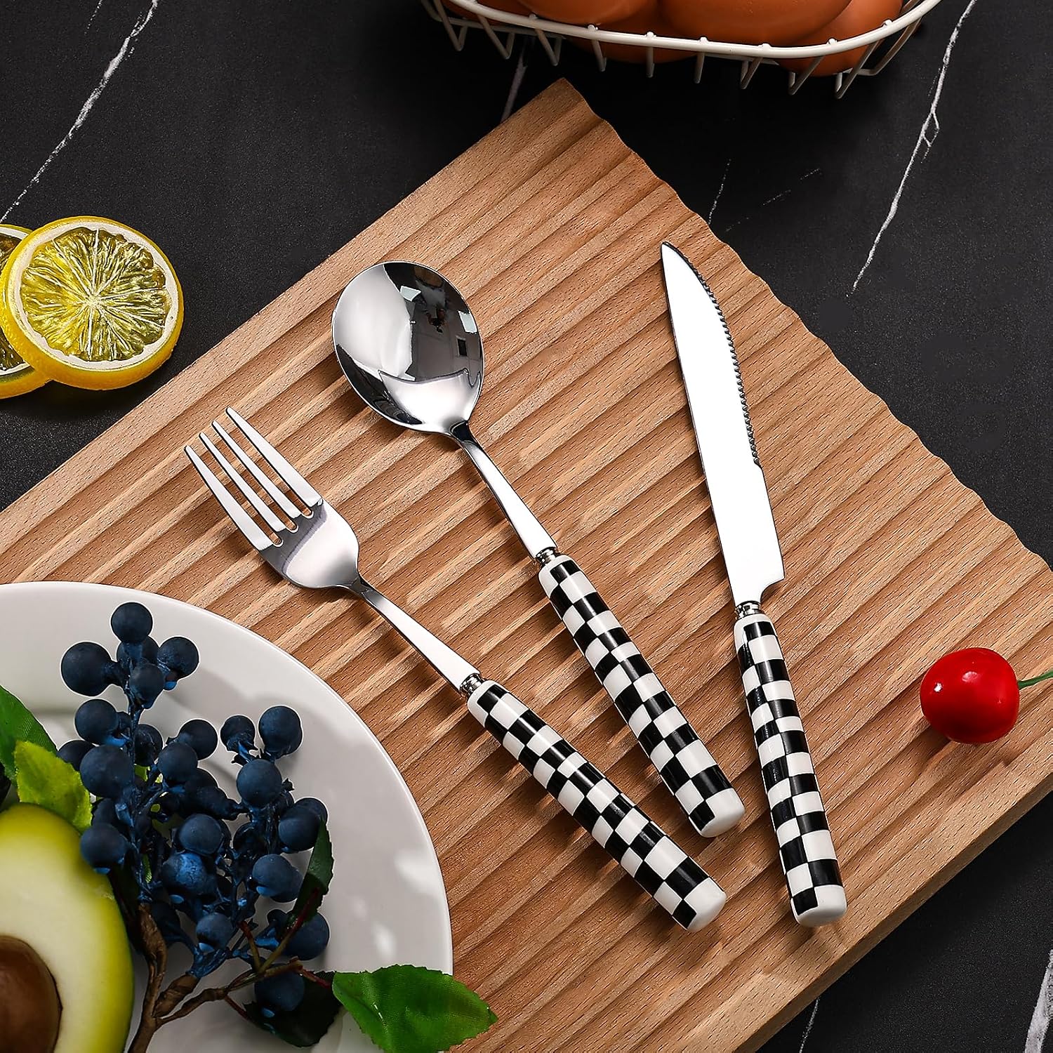 Koythin 3-Piece Black Check Stainless Steel Cutlery Set image 5