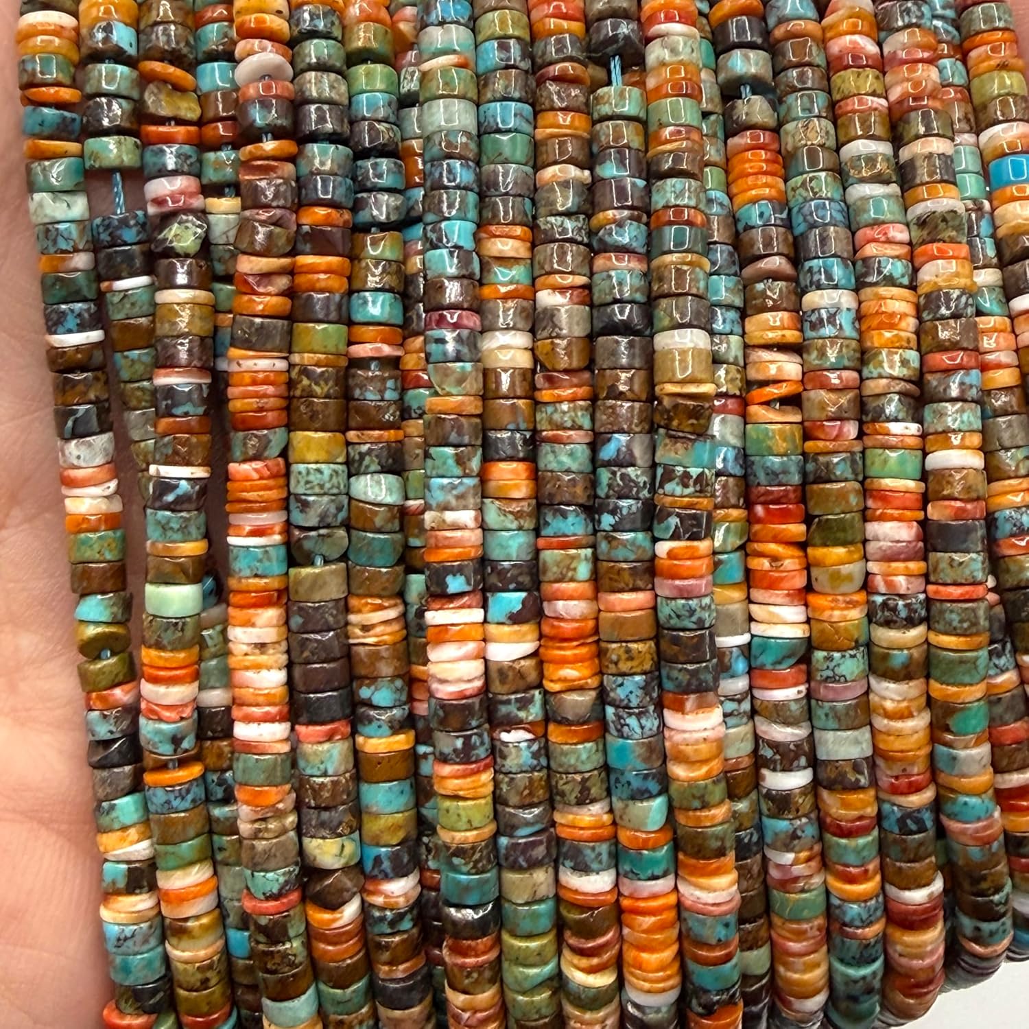 ABCGEMS Spiny Oyster Shell Beads & Natural Turquoise with Matrix - Ethically Sourced - Small Batch Production - Native American Style - Southwestern Jewelry Making Supplies - Smooth Heishi 4mm Tiny