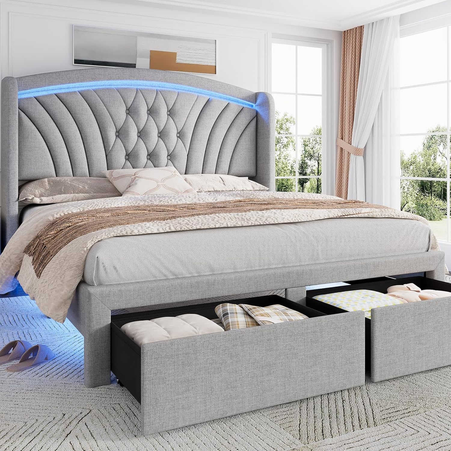 Full Size Bed Frame with 2 Storage Drawers Wingback Upholstered Headboard LED Bed Frame Solid Wooden Slats Support No Box Spring Needed