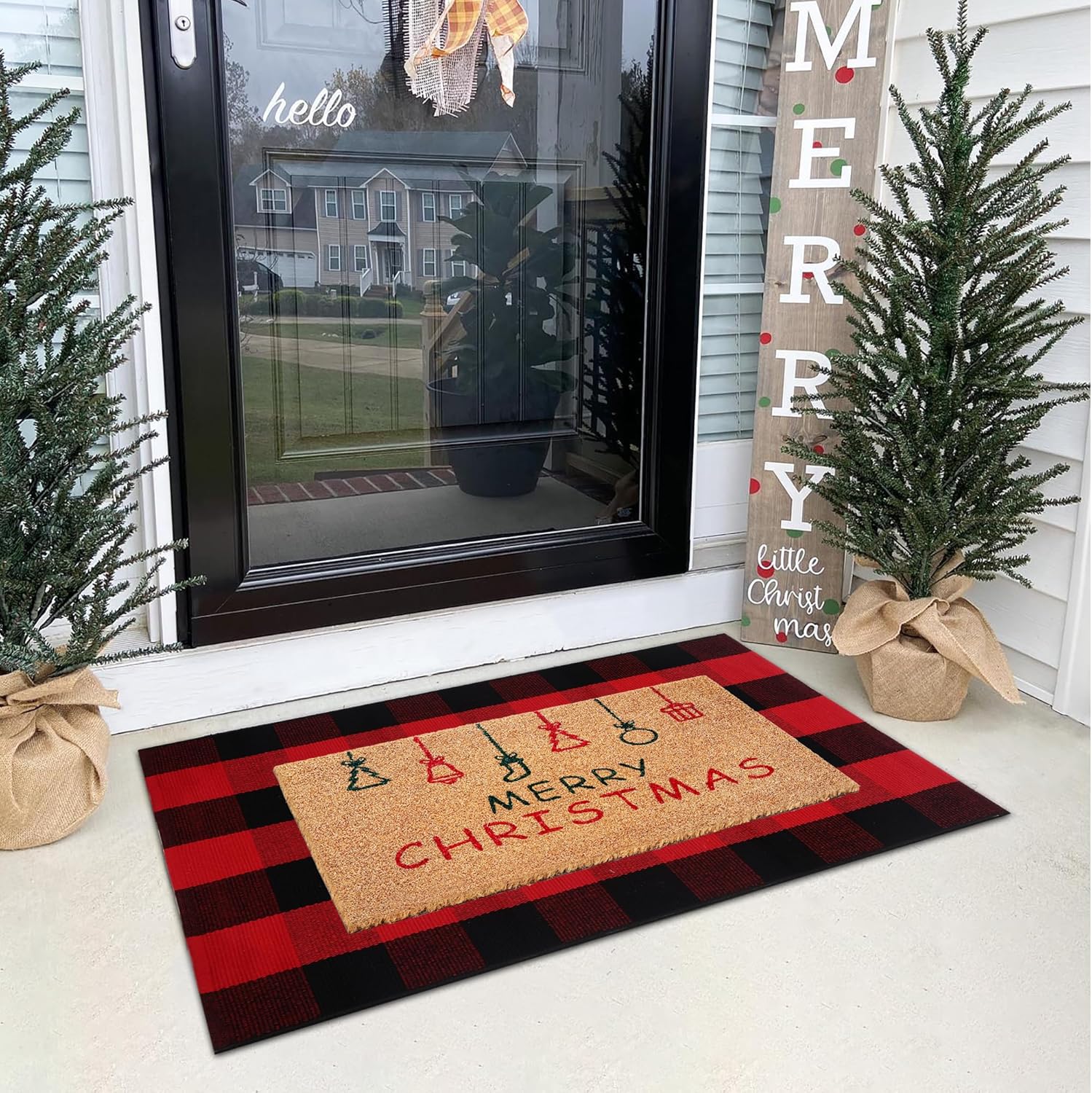 Christmas Door Mat Combo Set - 100% Coco Coir Welcome Mat + 28 x 43 Inch Red and Black Plaid Rug, Holiday New Year Christmas Collection Decorative Doormat for Front Porch Entryway Decor