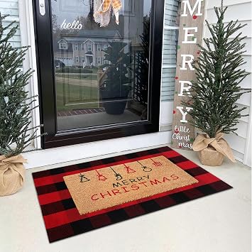Christmas Door Mat Combo Set - 100% Coco Coir Welcome Mat + 28 x 43 Inch Red and Black Plaid Rug, Holiday New Year Christmas Collection Decorative Doormat for Front Porch Entryway Decor