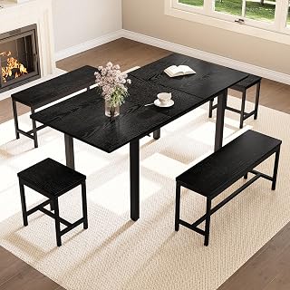 5-Piece Dining Table Set for 4-8, 63-Inch Extendable Kitchen Table with 2 Benches and 2 Square Stools, Mid-Century Modern Wood Dining Room Table Set, Space-Saving for Kitchen, Breakfast Nook, Black