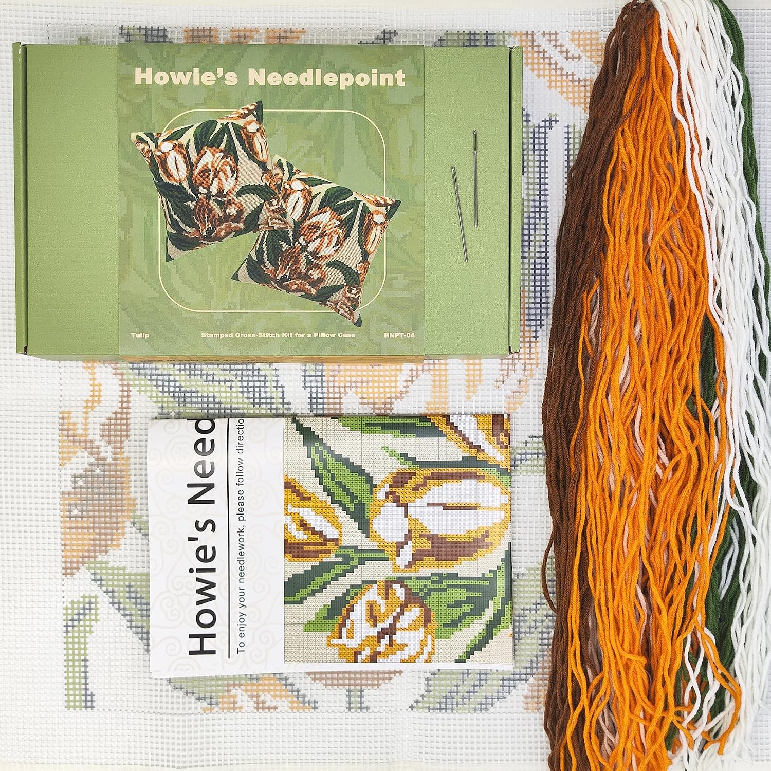 Howie's Needlepoint Needlepoint Kits for Adults, Cushion Front Cross Stitch Kit with Embroidery Pattern on Cotton Canvas, Yarn, 2 Needles and Instruction, 16 x 16inch(Tulip)