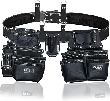 FUERI Leather Tool Belts for Men, Heavy-Duty Durable Carpenter Tool Rig Organizer With 19 Pockets-2 Pouches, Double Hammer Holder, Suspender Loops, Padded Belt Free Suspender at Checkout