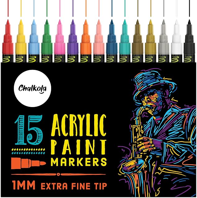Chalkola Acrylic Paint Pens For Rock Painting, Wood, Glass, Canvas, Ceramic & Fabric Pens - Set of 15 Extra Fine Tip Acrylic Paint Markers (1mm) Waterproof Ink, Art Supplies for Kids & Adults