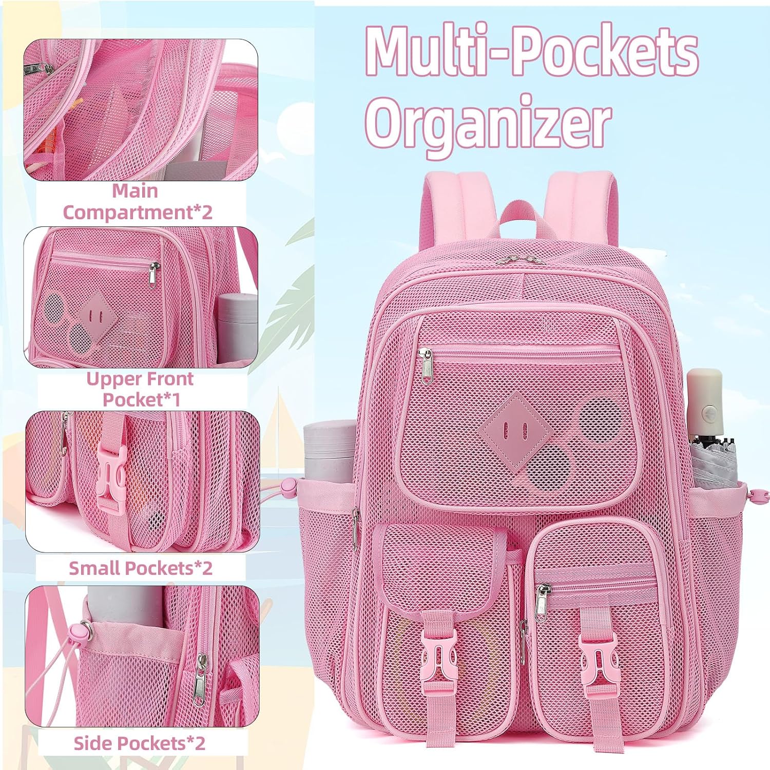 Pink Mesh Backpack for Girls Boys, Mesh Bookbags Heavy Duty Semi-Transparent School Bag for College, Travel, Beach, Swimming, Sports - Image 4