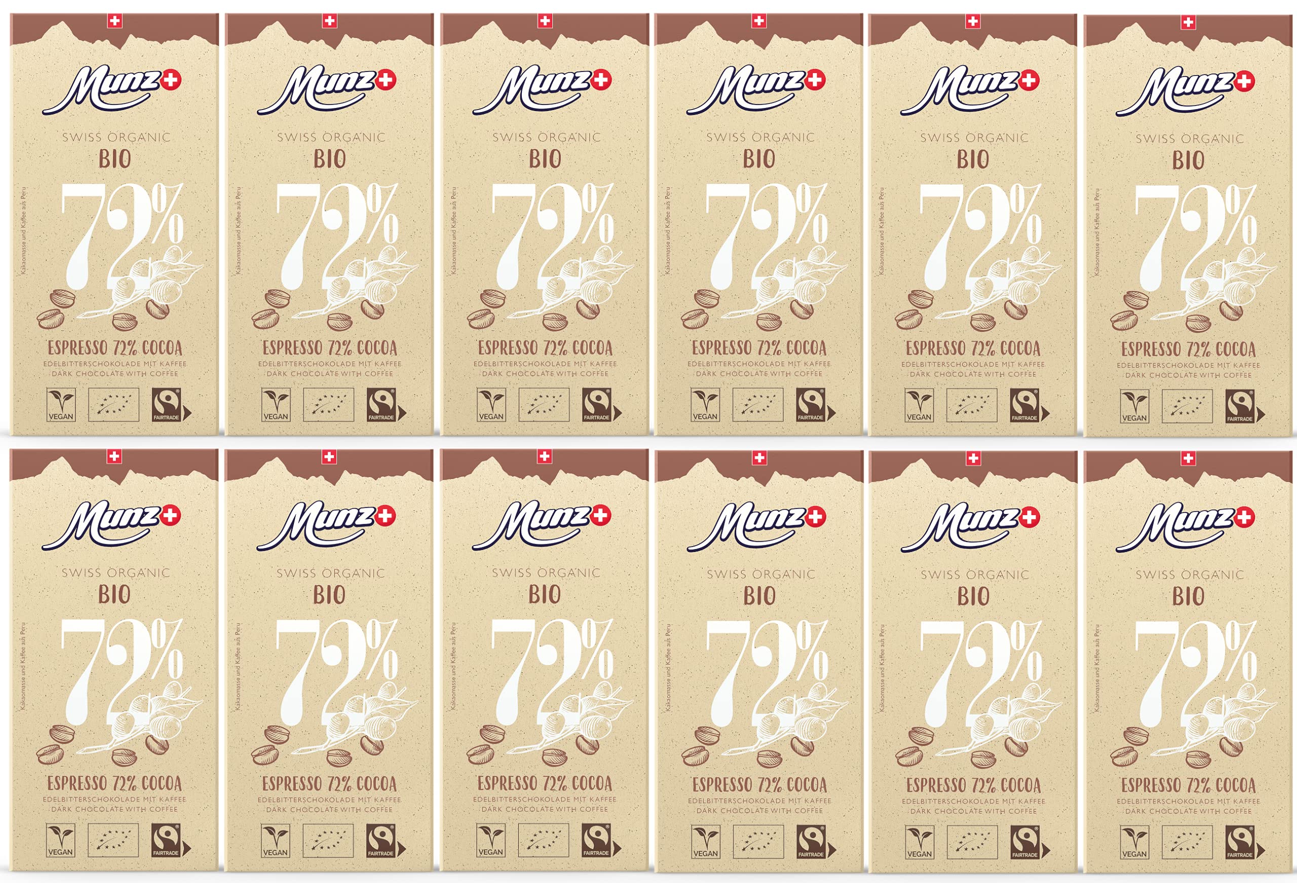 MUNZ Bio Schokolade Espresso 72% Cocoa | 100% Schweizer Fairtrade Schokolade | 12 Tafeln á 100g Zartbitterschokolade | Swiss Premium Organic Dark Chocolate | Edelbitterschokolade