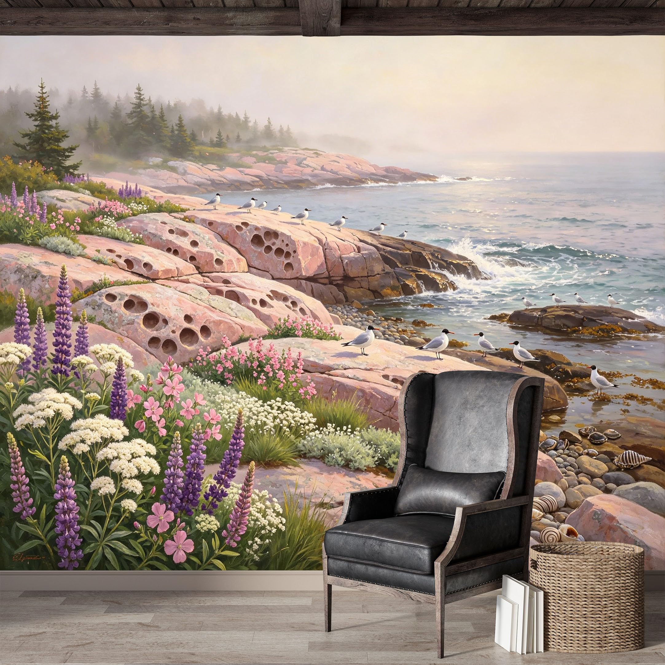 Custom Size Wall Mural,Seascape Coastal Rocky Shore with Wildflowers and Birds Oil Painting Premium Water Activated SelfAdhesive Wallpaper,Removable Wall Covering for Indoor Home Decor