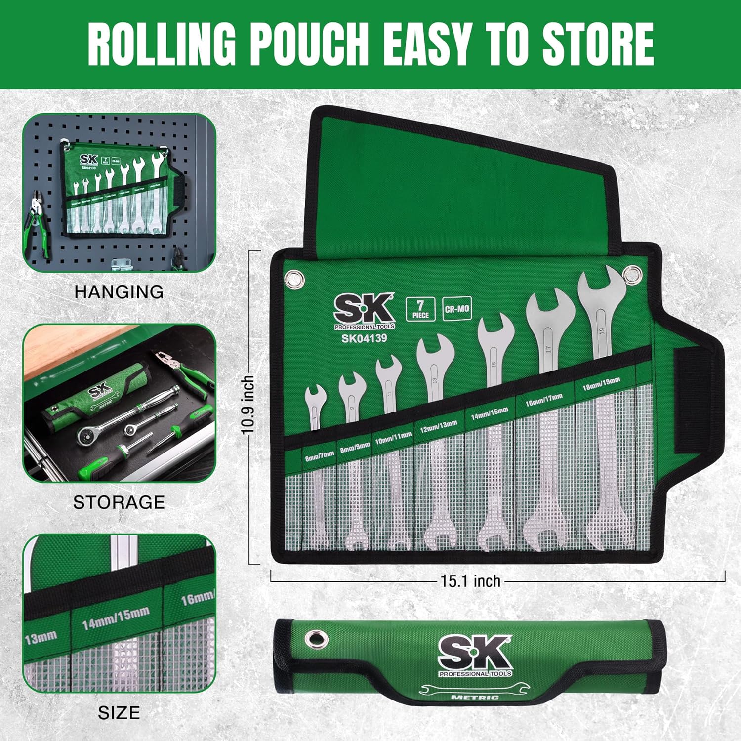 SK Super-Thin Open End Wrench Set, Metric 6 to 19mm, 7-Piece, Mirror Krome Finish, Premium CR-MO Construction, with Rolling Pouch