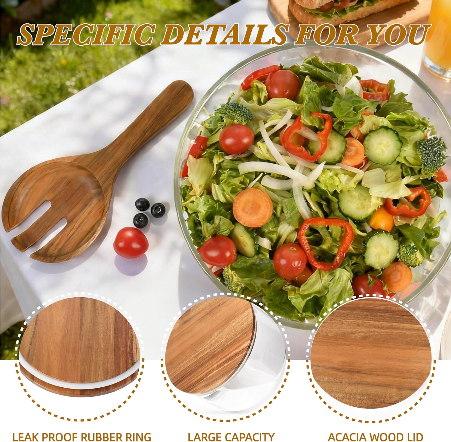 Glass Salad Bowl with Lid, 9.8" Large Glass Mixing Bowls with Acacia Wood Lids Set, 200oz Trifle and Serving Bowl for Salads, Fruit, Pasta, Dessert, Popcorn, Microwave Safe
