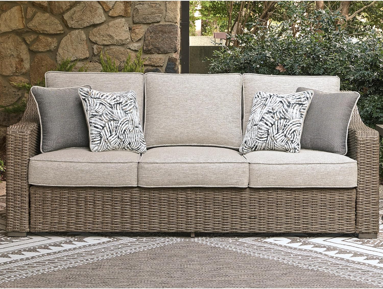 Signature Design by Ashley Carmel Bay Casual Outdoor Sofa with Cushion, Weather Resistance and Armrest, Beige & Dark Brown