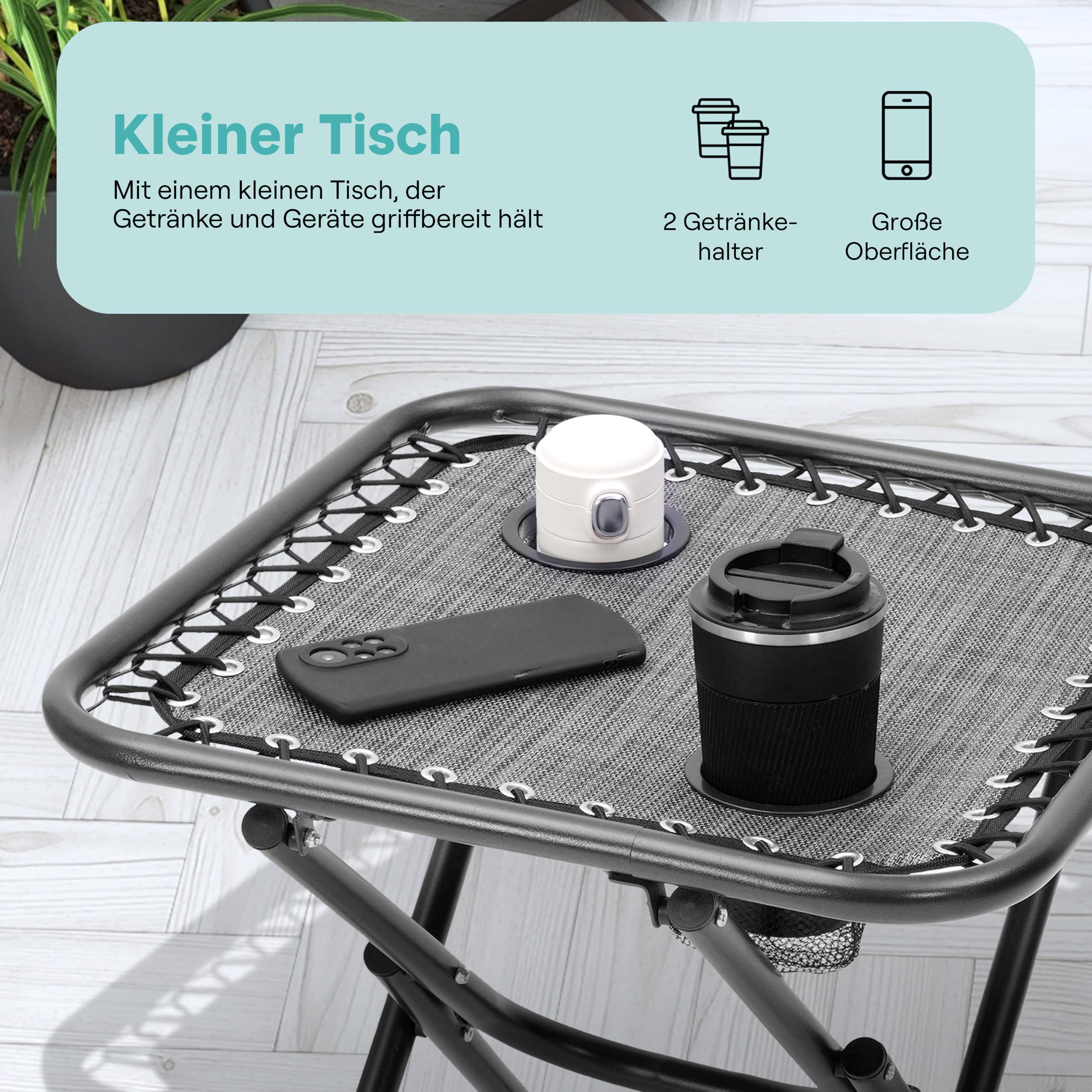 SereneLife Sonnenliege Klappbar 2er Set mit Tisch, Zero Gravity Liegestuhl Garten, bis 120 kg Grau, Verstellbar und Wetterfest, mit Getränkehalter und Kopfkissen, für Balkon Strand Camping