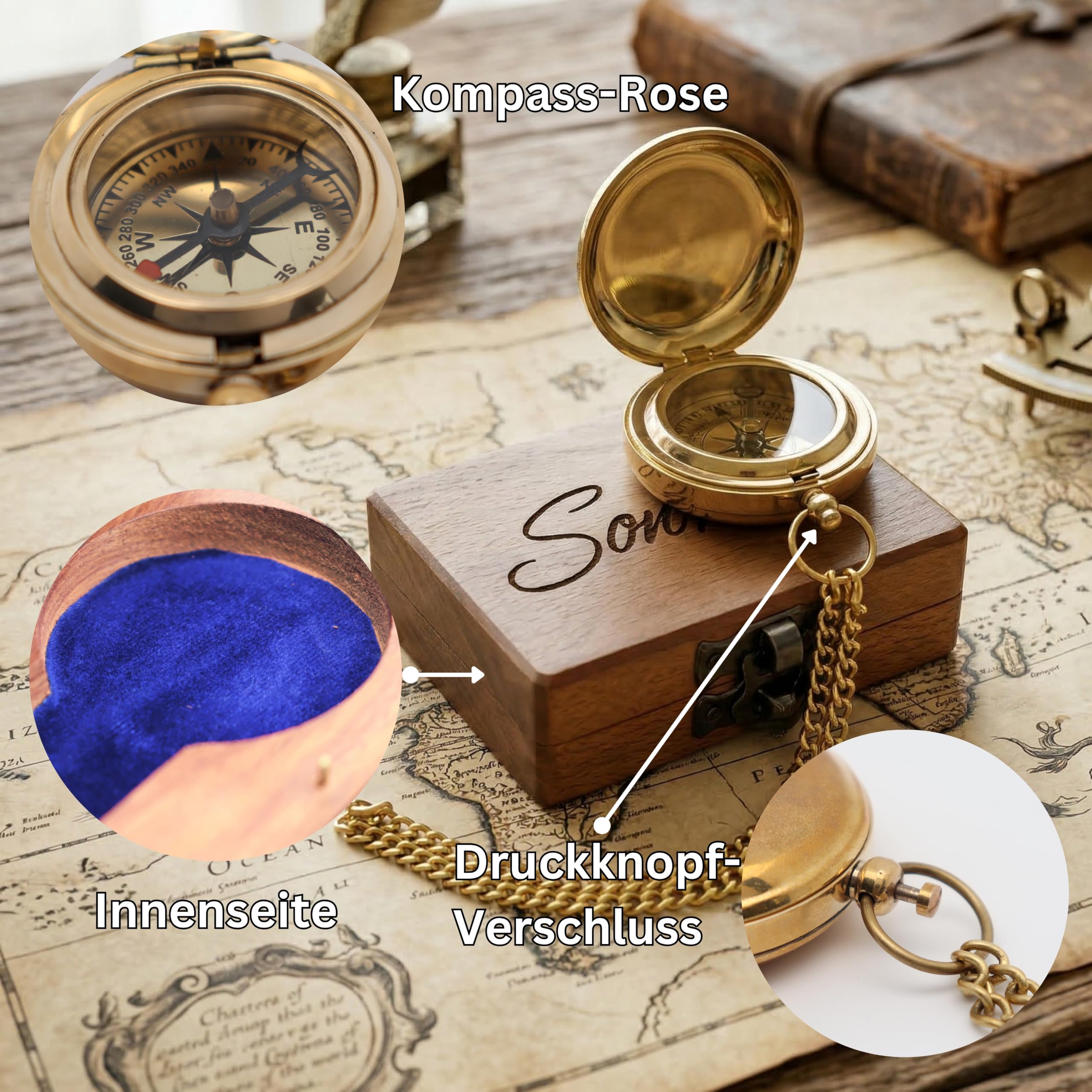 SonKo® Kompass mit Gravur Kompass personalisiert – Antik Optik nautischer funktionsfähige Maritime Deko aus Messing. Konfirmation Geschenk Kommunion