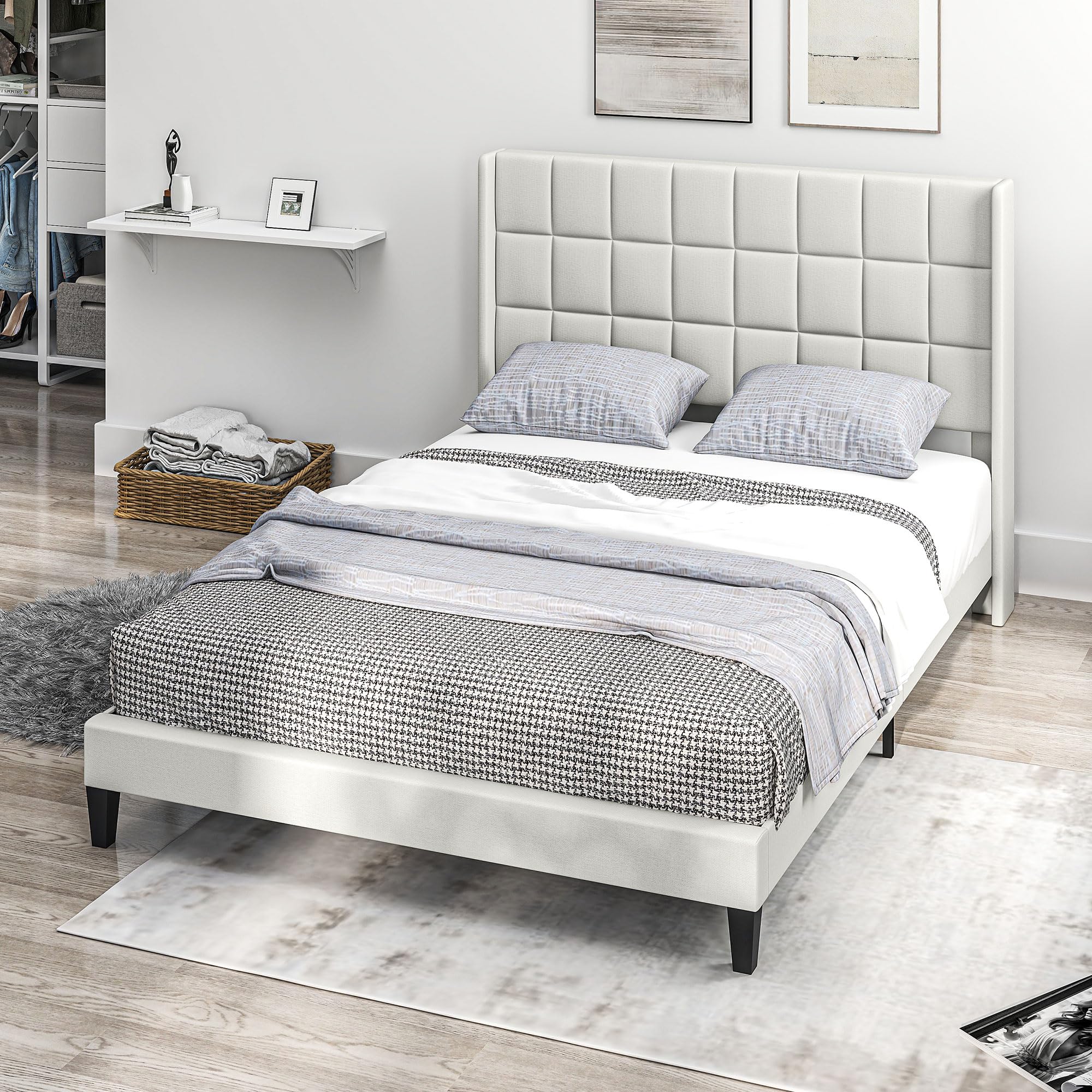 HOMCOM Cama 135x190 cm Estructura de Cama Somier con Cabecera Tapizada de Lino Sintético y Espacio de Almacenamiento Debajo de la Cama Carga 300 kg Beige