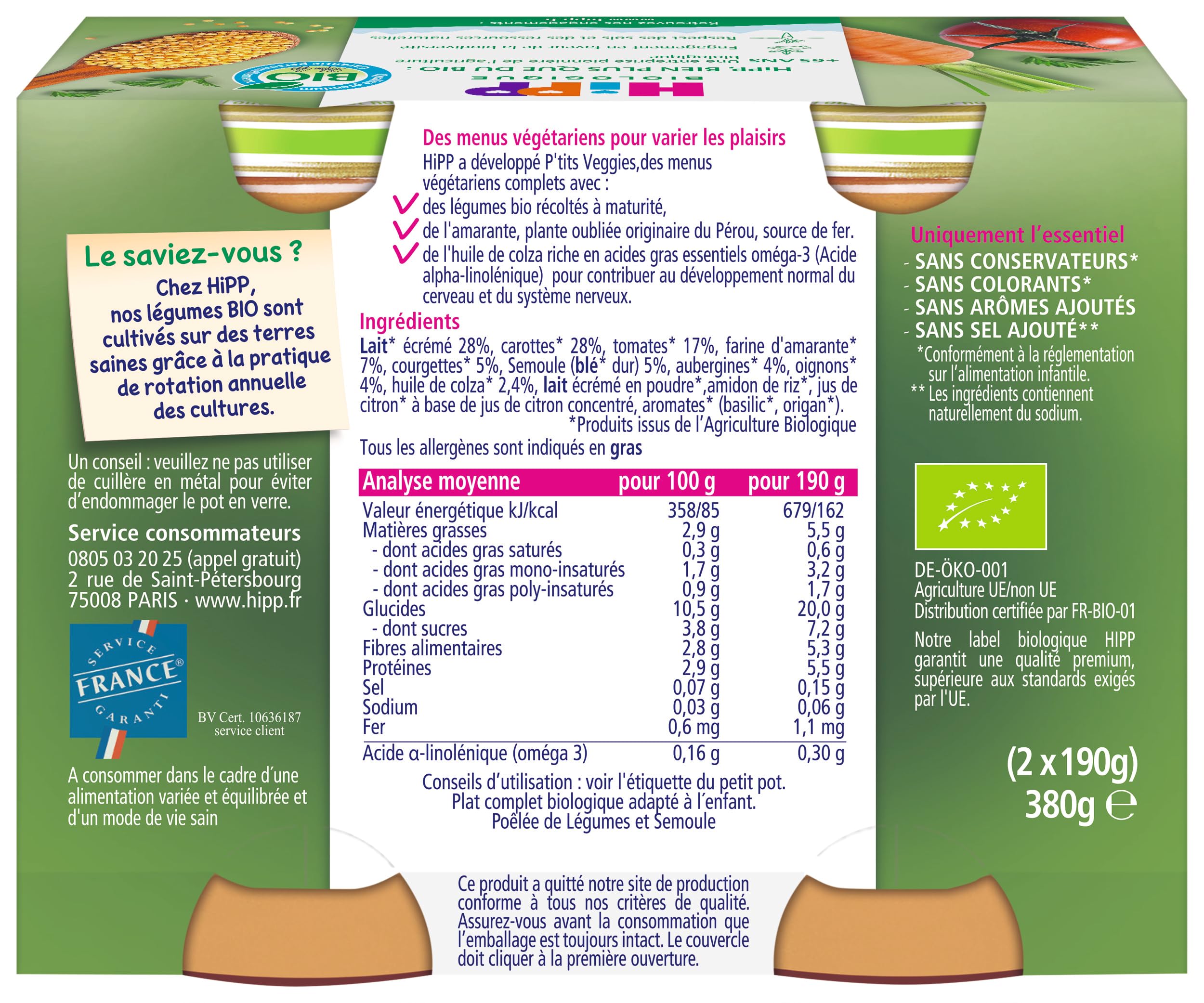 HiPP P'tits Veggies – Sartén de verduras y sémola – Macetas – 2 x 190 g