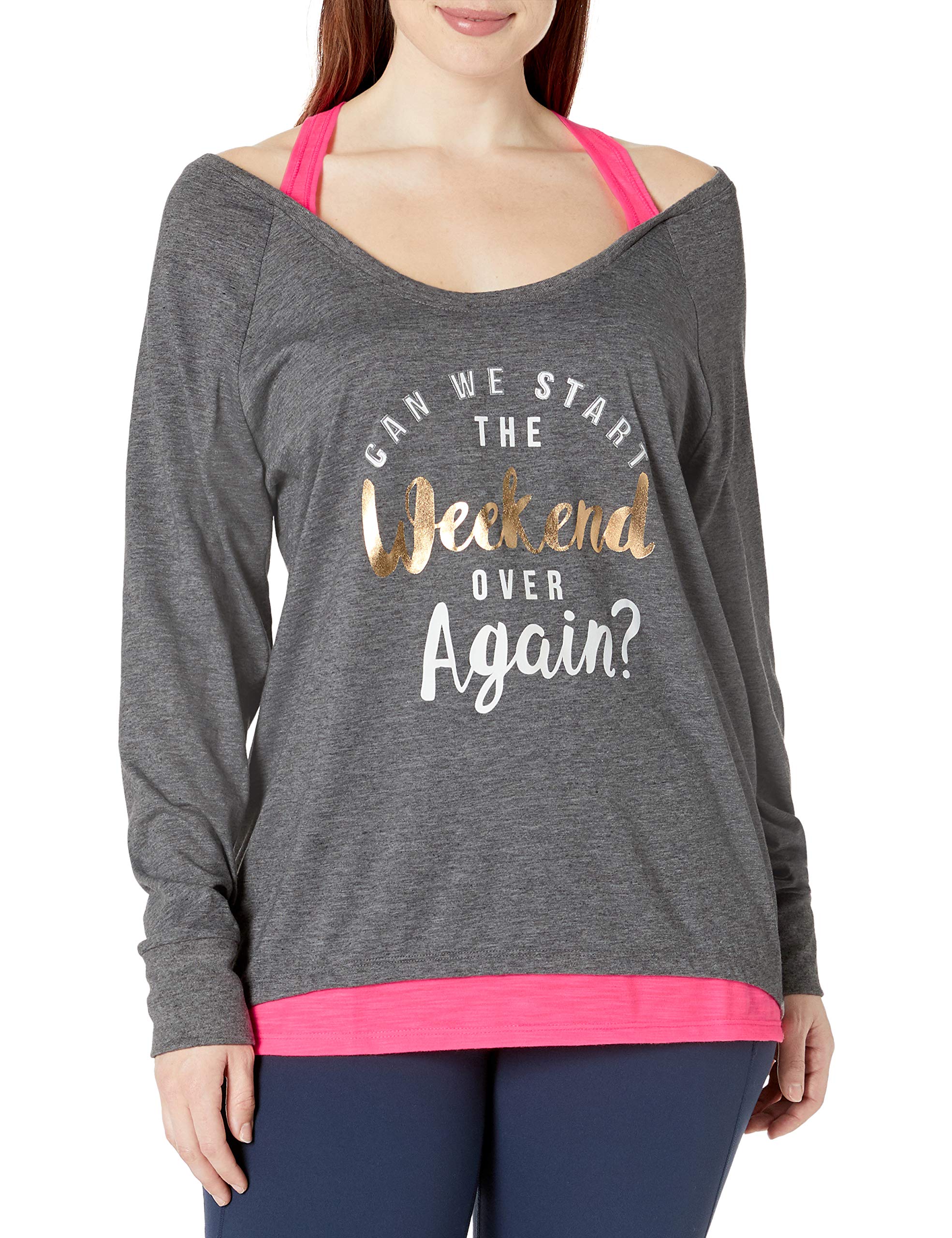 Fit for Me by Fruit of the Loom Women's Plus Size Active Ballet 2fer Top, Charcoal Grey Heather/Power Pink, 3X