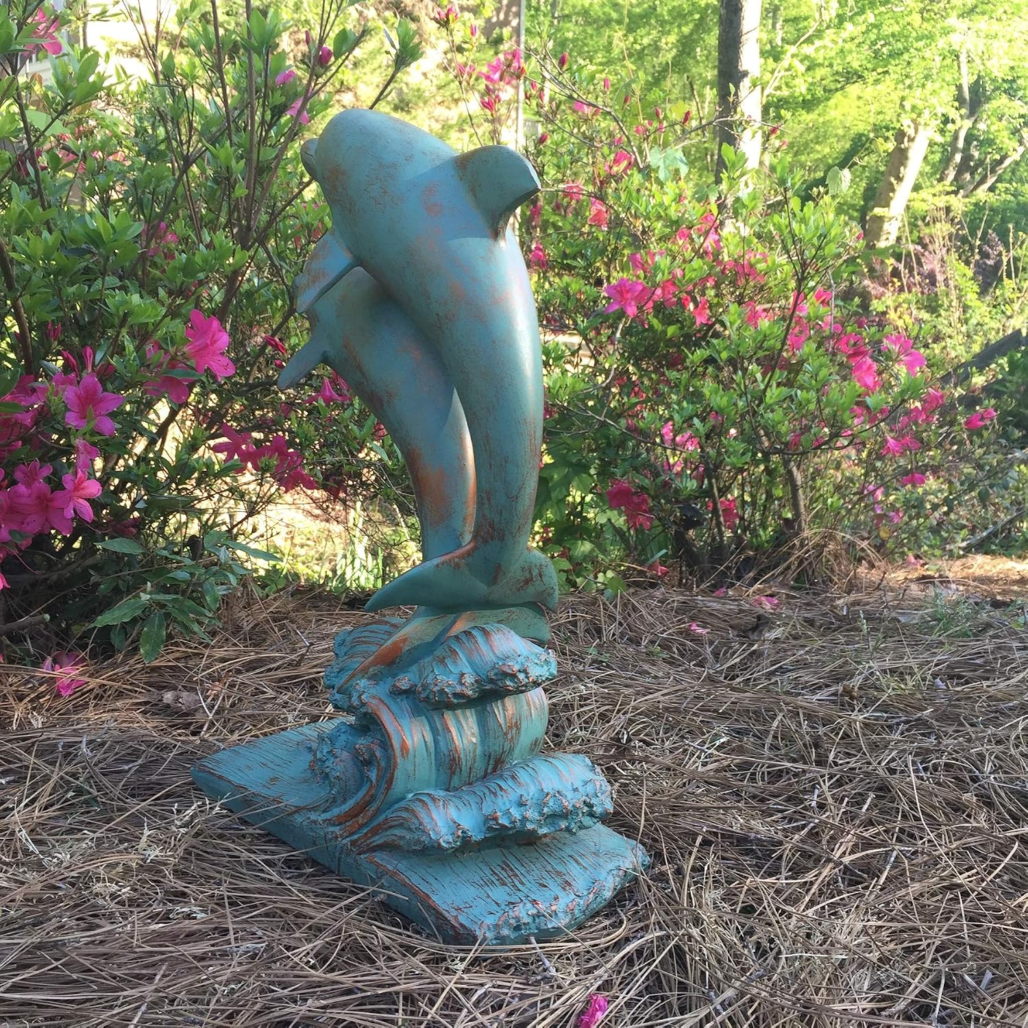Life's A Beach 20" H Dolphins Jumping The Ocean Waves Nautical Coastal Garden & Pool Statue in Bronze Patina Finish