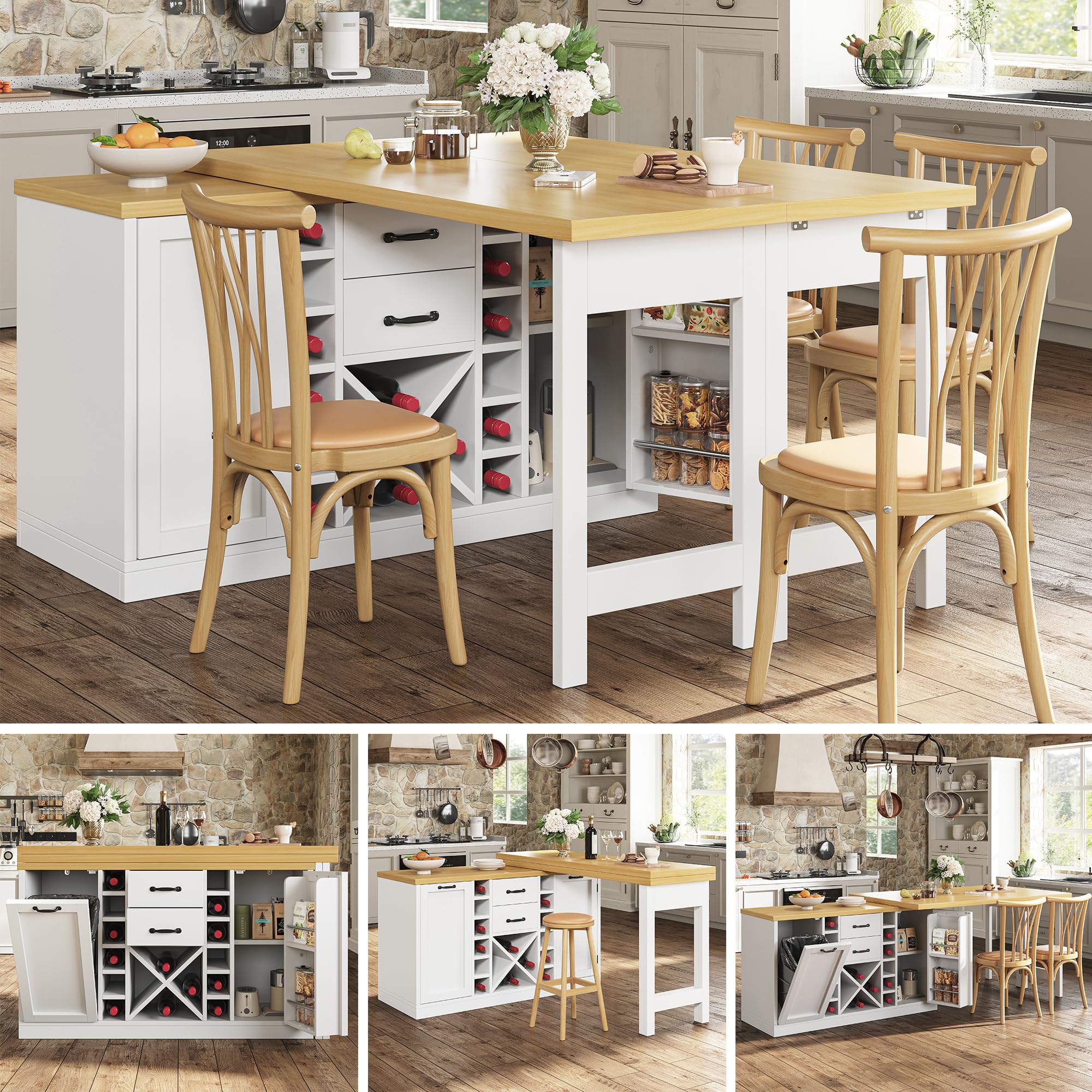 Gecheer Isla de Cocina y Comedor Multifuncional de MDF y Metal, con botellero extraíble y estantes Laterales, 120-223 cm, para cocinas y comedores