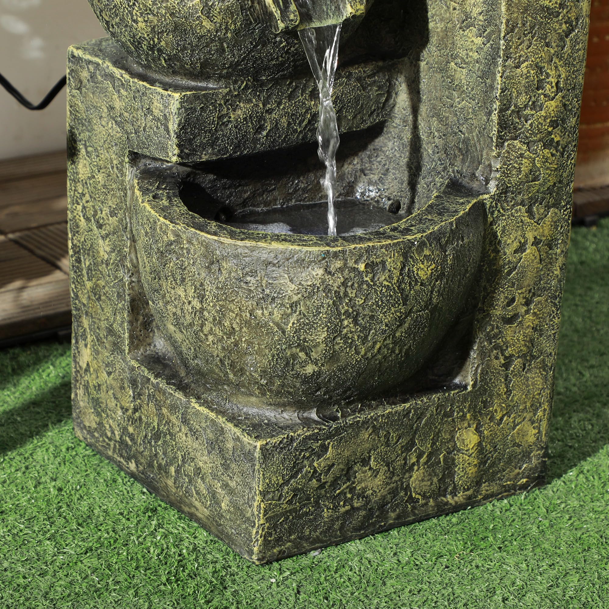Outsunny Gartenbrunnen, Springbrunnen mit Einstellbarer Strömung, 4 Stufen Zierbrunnen, Wasserspiel, Wasserfall für Garten, Gartenteich, Terrasse, Kunstharz