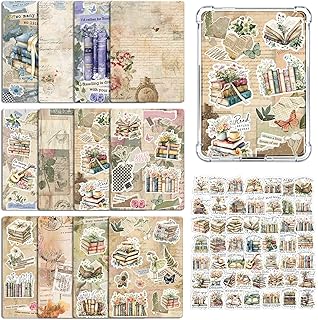 Insert Cardstock for Clear Case - 12Pcs Vintage Reading Books Cardstock Inserts Compatible with Kindle Paperwhite 11th-12th, 50Pcs Flower Stickers for E-Reader Clear Back Cover Accessories