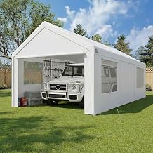 TOOLUCK Carport 10x20ft Heavy Duty Portable Garage, 2.0 Powder Coated FrameBetter Than Galvanized, Waterproof Shelter with Removable Sidewalls & Windows, Built-in Sandbags, for Car/Boat/SUV, White