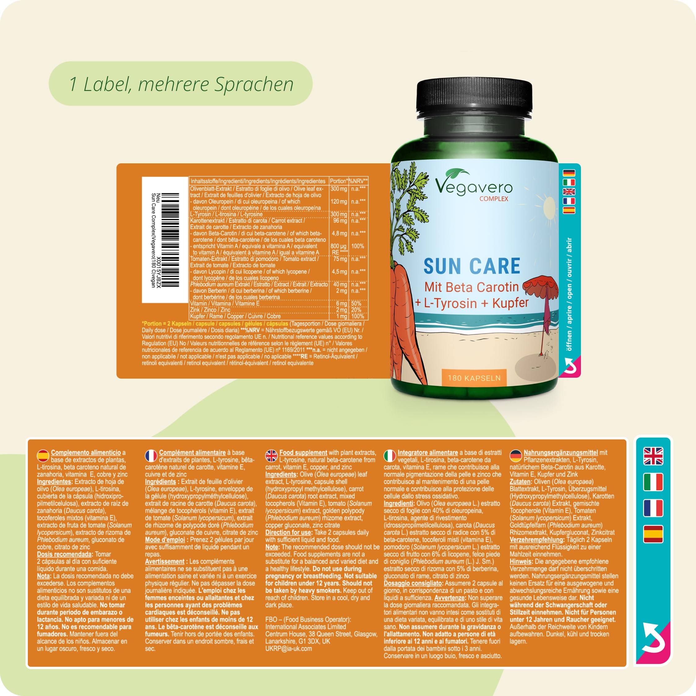 Sun Care Komplex Vegavero | 180 Kapseln | Bräunungskapseln | Beta Carotin, Vitamin E, Olivenblattextrakt, Tyrosin, Lycopin, Zink, Kupfer | Vegan & Ohne Zusätze