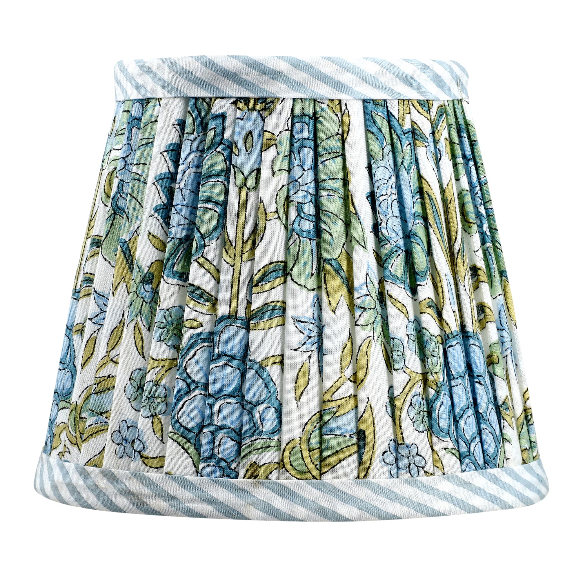 Ridhi Plissierter Lampenschirm mit Blockdruck, Spargelgrün, Blumenmuster, mittelgroß, 10,2 cm oben x 15,2 cm unten x 12,7 cm hoch, Spinne mit Harfe und Endstück, für Zuhause, Café und Restros